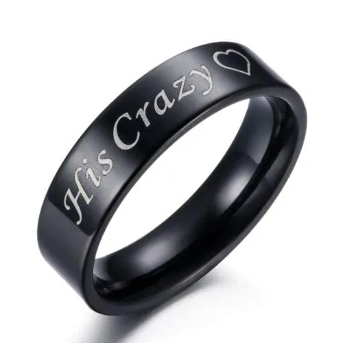 Yellow Chimes Rings for Women His Crazy Heart Engraved Stainless Steel Black Band Designed Rings for Women Girls Size US 8 Yellow Chimes Rings