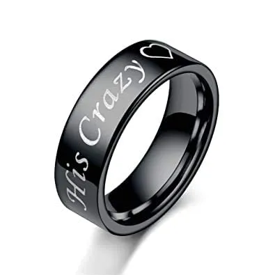 Yellow Chimes Rings for Women His Crazy Heart Engraved Stainless Steel Black Band Designed Rings for Women Girls Size US 8 Yellow Chimes Rings