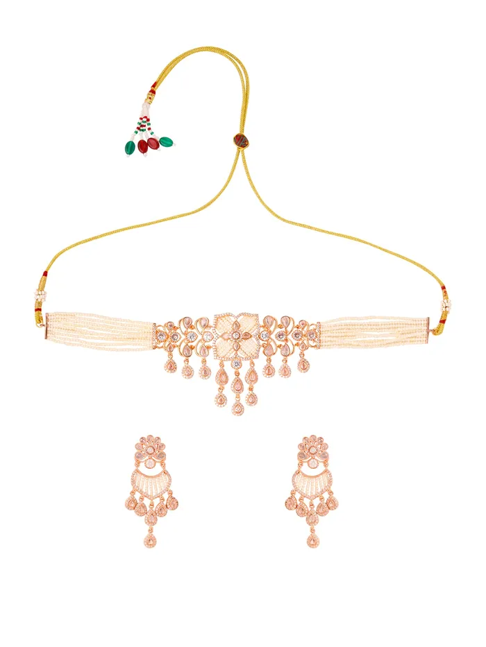 Yellow Chimes Rings Stunning White Stone Necklace Set Choker with Earrings One Size Rose Gold Plated Elegant Design
