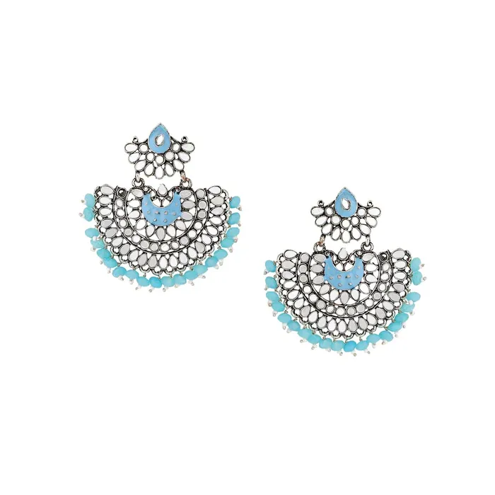 Yellow Chimes Rings Yellow Chimes Earrings For Women Long Chandbali Blue Pearl and Stone Studded Elegant Earrings For Women and Girls