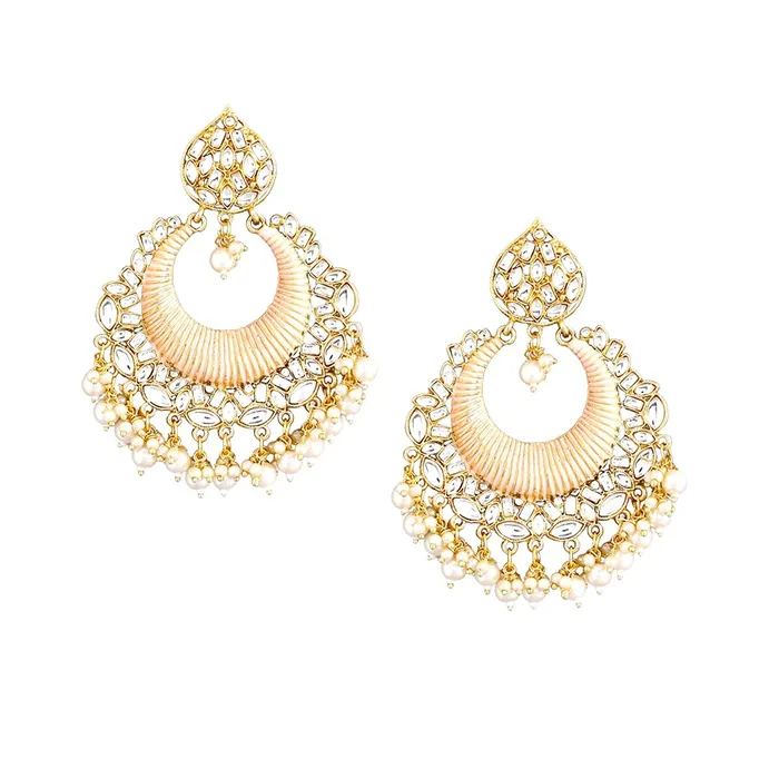 Yellow Chimes Rings Yellow Chimes Ethnic Traditional Kundan Studded Pearl moti Peach Chandbali Earrings for Women and Girls Gold Peach Medium YCTJER87KUDCHDPCH