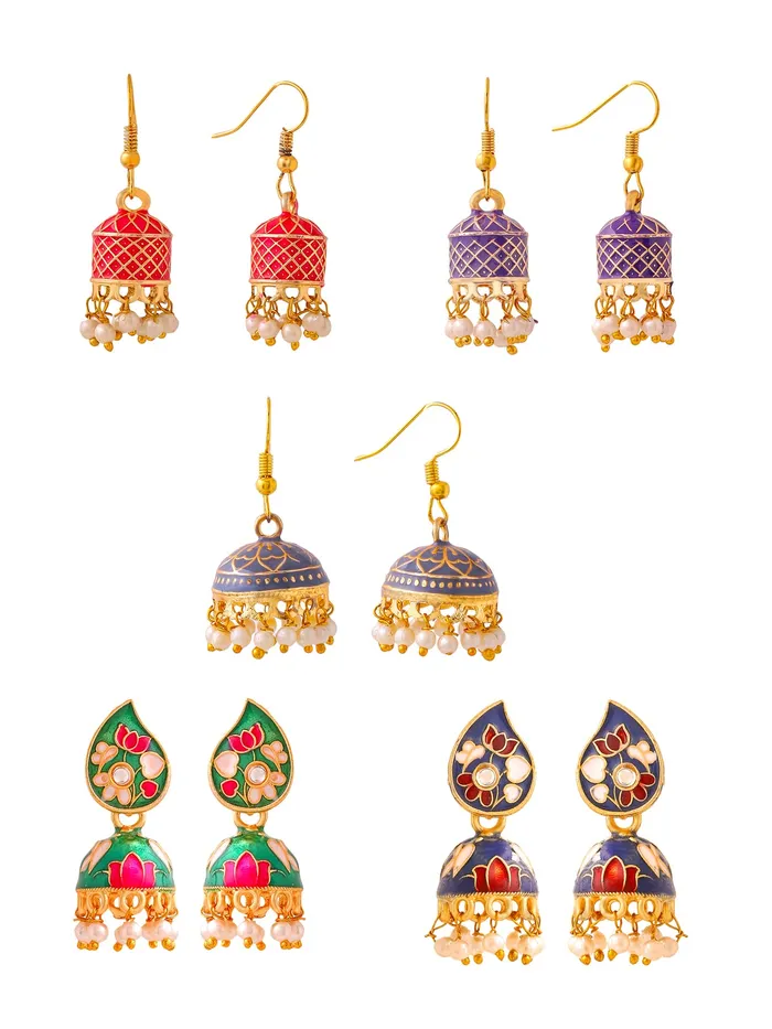Yellow Chimes Rings Yellow Chimes Meenakari Jhumka Earrings for Women Traditional Jhumki Earrings Set for Girls Combo of 5 Pairs Jhumkas Ethnic Gold Plated Women Earrings Chic Reverie Birthday Gift For Girls