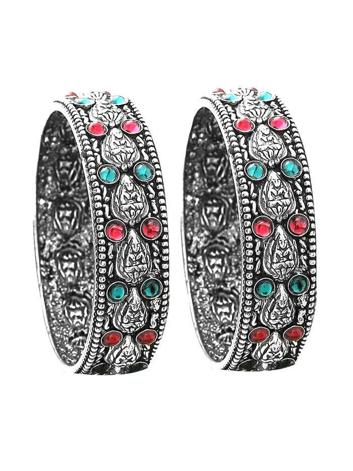 Yellow Chimes Rings Yellow Chimes Oxidised Bangles Set for Women Authentic Kolhapuri Work Handmade Kundan Studded Silver Oxidized Bangles Sets for Women and Girls