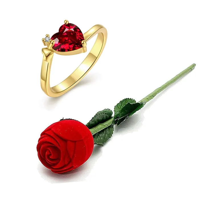 Yellow Chimes Rings Yellow Chimes Valentines Gift Combo of Queen Heart Red Austrian Crystal Ring in Red Velvet Rose Ring Box for Women and Girls