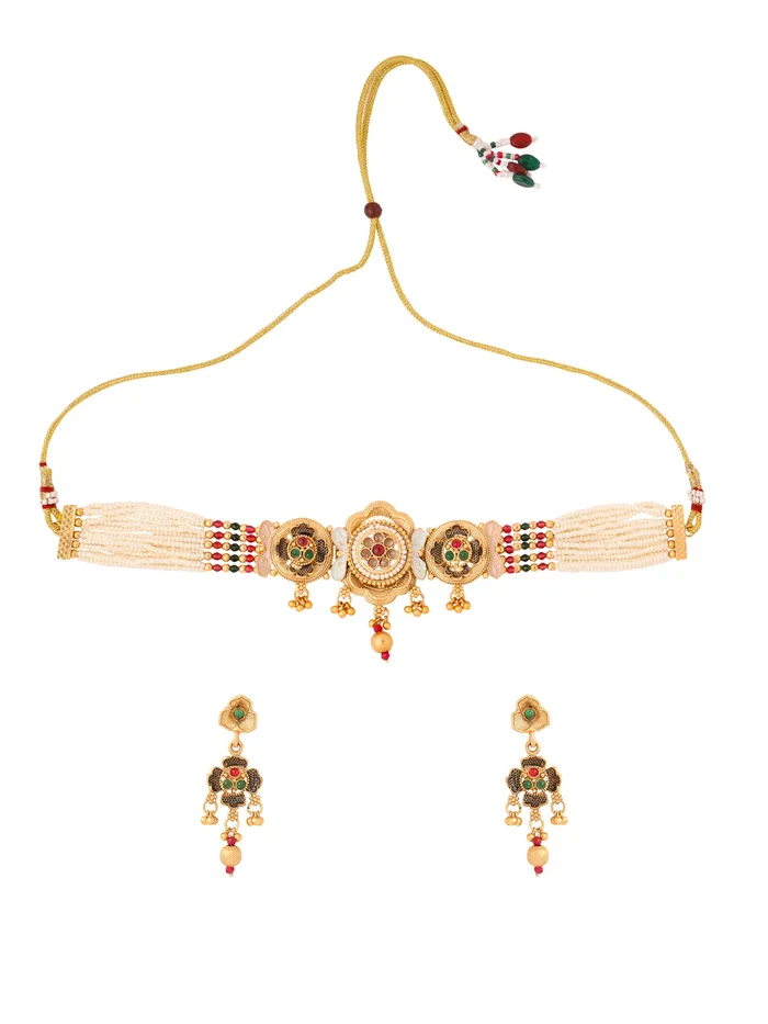 Yellow Chimes Traditional Gold Plated Choker Necklace Set Elegant Pearl Design Gift for Women One Size Gold Yellow Chimes Earrings