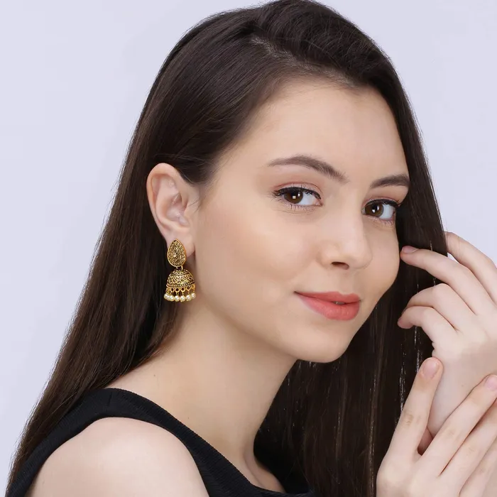 Yellow Chimes Traditional JhumkaJhumki Earrings Temple Jewellery Antique Oxidized Matte Gold Plated Pearl Earrings for Womens Girls Yellow Chimes Earrings