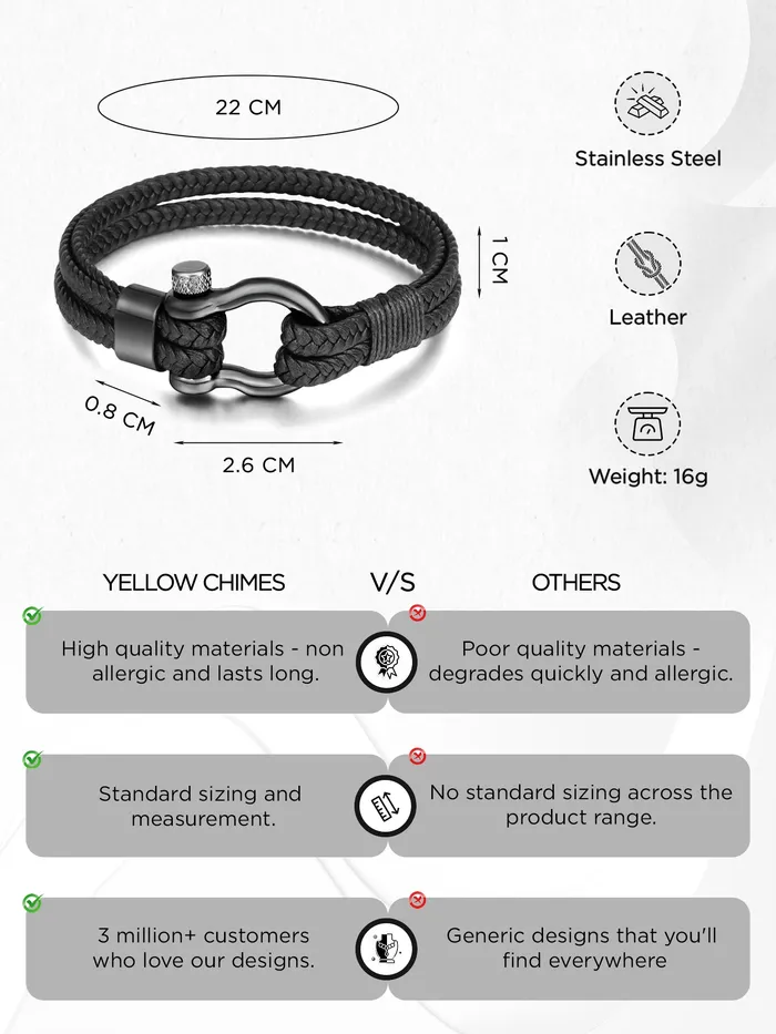 Yellow Chimes Yellow Chimes Bracelets for Men and Boys Black Leather Bracelet for Men Stainless Steel Genuine Leather Wrap Bracelets for Men Birthday Gift for Men and Boys Anniversary Gift for Husband Rings