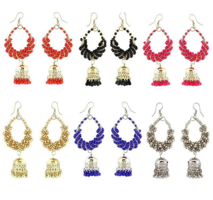 Yellow Chimes Yellow Chimes Combo of 5 Pairs Silver Oxidised Jhumka Afghani Style Traditional Hoop Jhumka Earrings For Women and Girls Earrings
