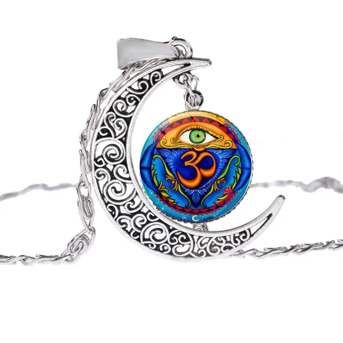 Yellow Chimes Yellow Chimes Crescent Moonlight Yoga Om Evil Eye Protection Glass Cabochon Pendant with Chain Necklace for Women and Girls Rings