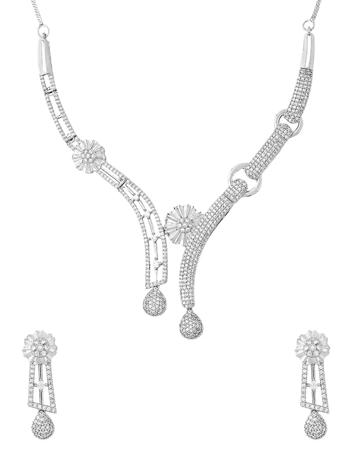 Yellow Chimes Yellow Chimes Diamond Necklace Set for Women White Stone Silver Necklace Set AD Jewellery Set for Women Silver Diamond Necklace Set Birthday Gift for Girls Women Anniversary Gift for Wife Earrings