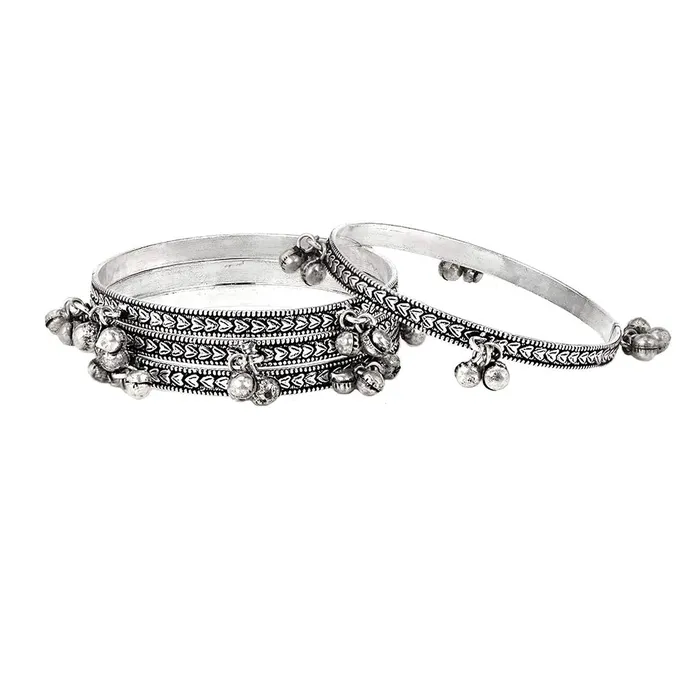 Yellow Chimes Yellow Chimes German Oxidised Silver 4 PCs Traditional Antique Ghungroo Design Bangle Set for Women and Girls Earrings