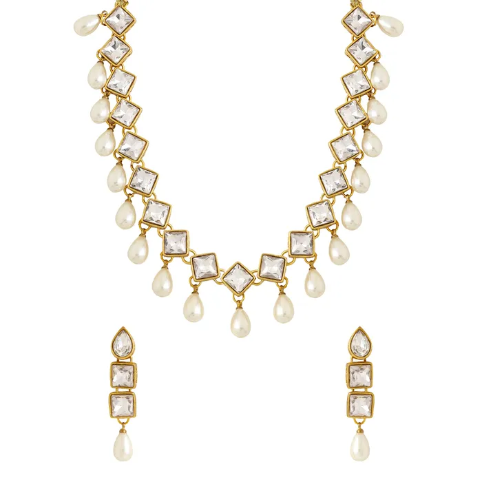 Yellow Chimes Yellow Chimes Jewellery Set for Women and Girls Kundan Necklace Set Gold Plated Kundan Studded Pearl Drop Choker Necklace Set Birthday Gift for girls and women Anniversary Gift for Wife Earrings