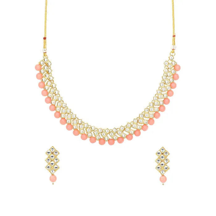 Yellow Chimes Yellow Chimes Kundan Jewellery Set for Women Gold Plated Kundan Jewellery Set Traditional Peach Choker Necklace Set for Women and Girls Earrings