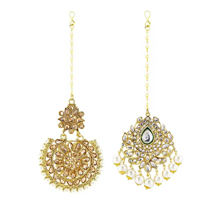 Yellow Chimes Yellow Chimes Maang Tikka for Women 2 Pcs Mangtika Traditional Gold Plated Kundan Mangtika Beads Ethnic Maang Tikka for Women and Girls Rings