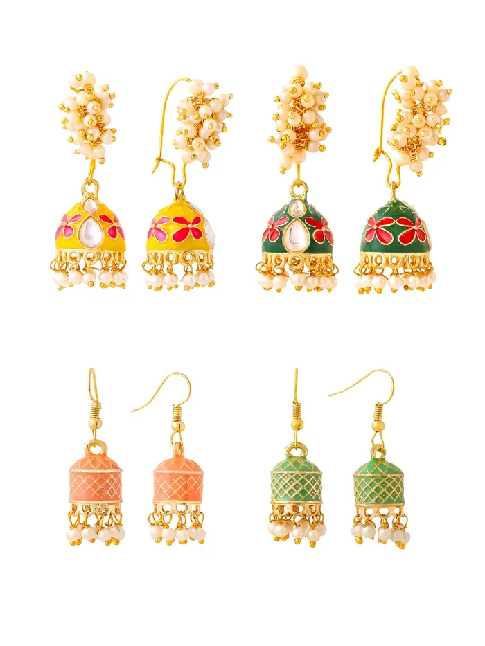 Yellow Chimes Yellow Chimes Meenakari Jhumka Earrings for Women Traditional Mothi Hoop Jhumki Earrings Set for Girls Combo of 4 Pairs Jhumkas Ethnic Gold Plated Women Earrings Birthday Gift For Girls Earrings