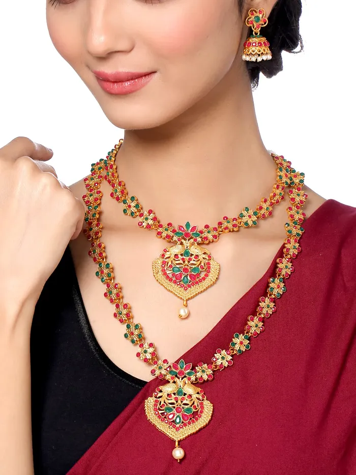 Yellow Chimes Yellow Chimes traditional Jewellery Set for Women GoldPlated Temple Necklace Set StoneStudded Necklace Set For Women Girls NK 7 Rings