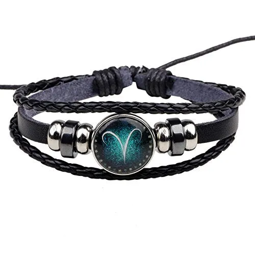 Yellow Chimes Yellow Chimes Zodiac Sign Constellation Handmade Black Leather Bracelet for Men and WomenUnisex Aries Rings