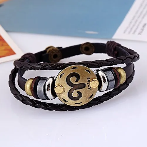 Yellow Chimes Zodiac Sign Constellation Handmade Brown Leather Bracelet For Men and WomenUnisex Aries Yellow Chimes Earrings