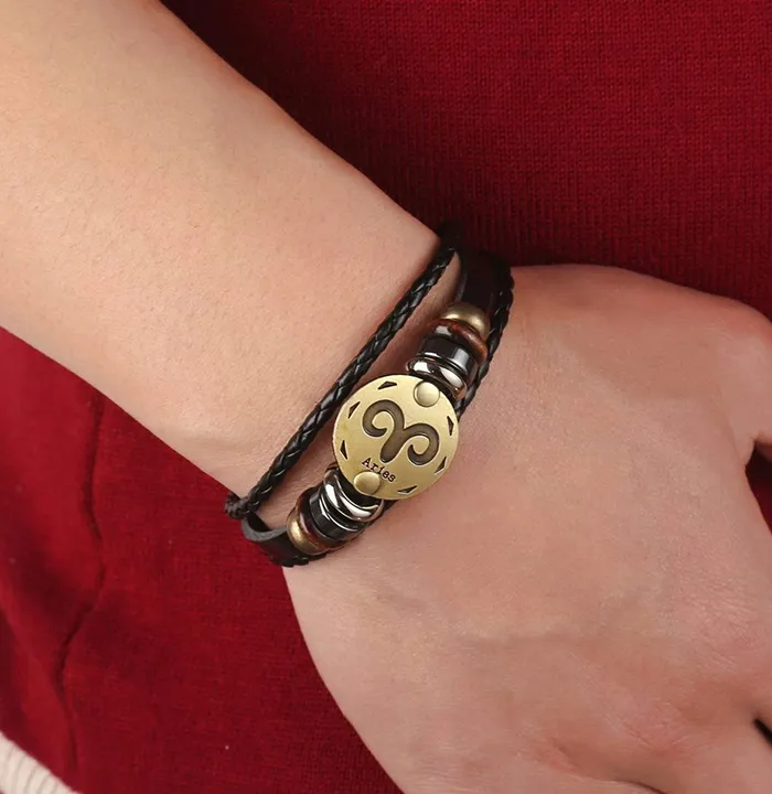 Yellow Chimes Zodiac Sign Constellation Handmade Brown Leather Bracelet For Men and WomenUnisex Aries Yellow Chimes Earrings