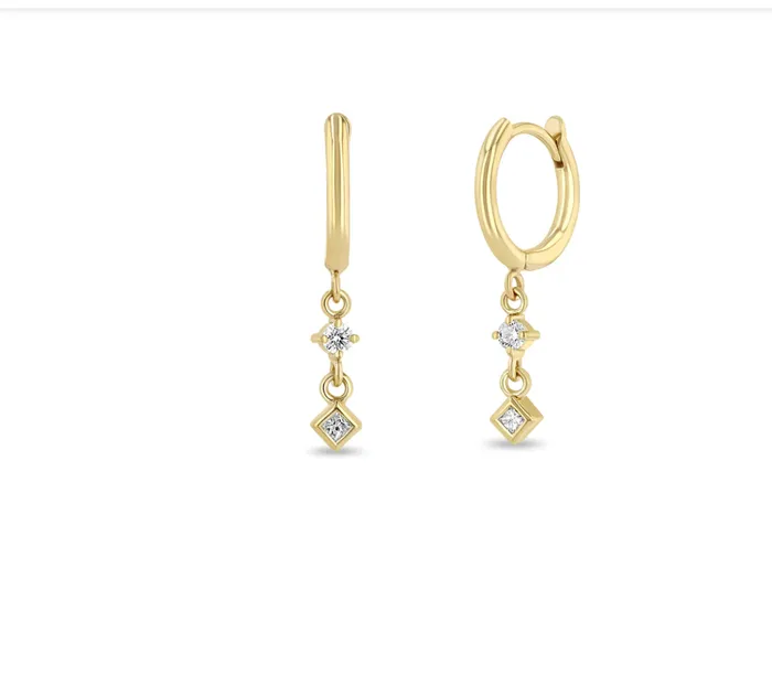Zo Chicco Earrings 14K SMALL HINGE HUGGIE HOOPS WITH MIXED DIAMOND DROP